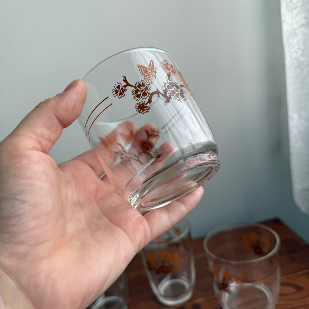 Set of 4 Vintage c1980s Drinking Glasses Matching Gold Brown Butterfly Floral